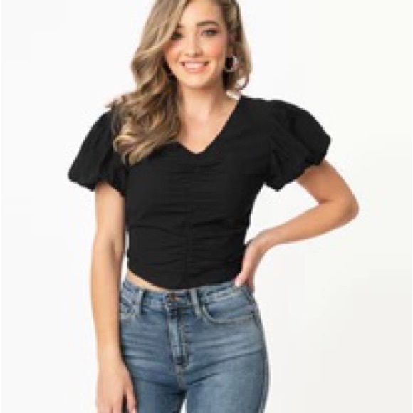 Unique Vintage Black Shirred Puff Sleeve Cotton Crop Top - Picture 5 of 5